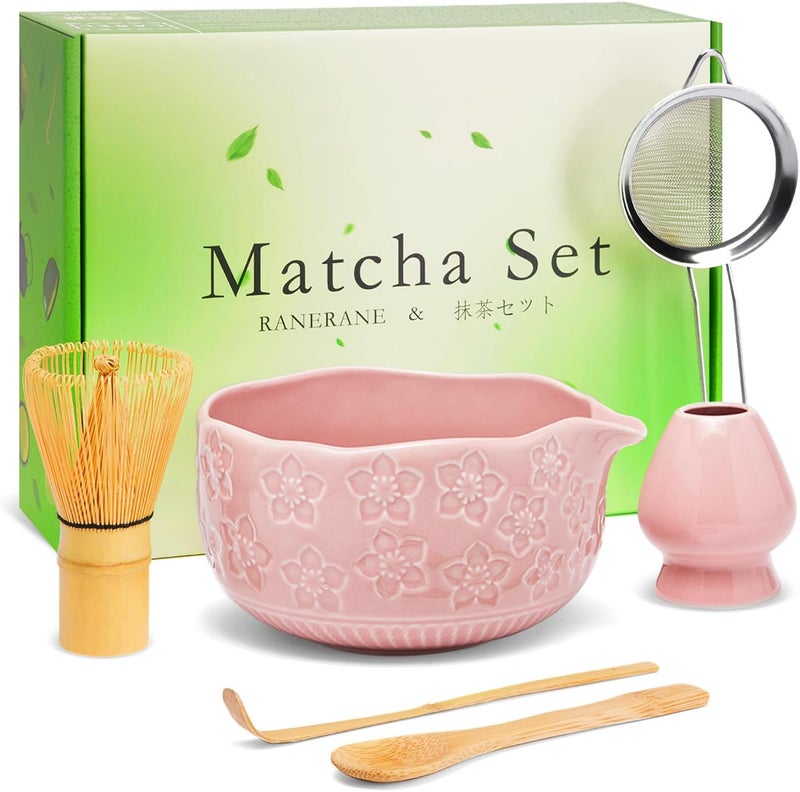 RANERANE Matcha Whisk Set, Sakura Pink Ceramic Matcha Set Includes Matcha Bowl, Matcha Whisk (Chasen) and Holder, Sifter, Bamboo Scoop & Spoon - 6 Pcs Matcha Kit for Matcha Lovers - Image 1